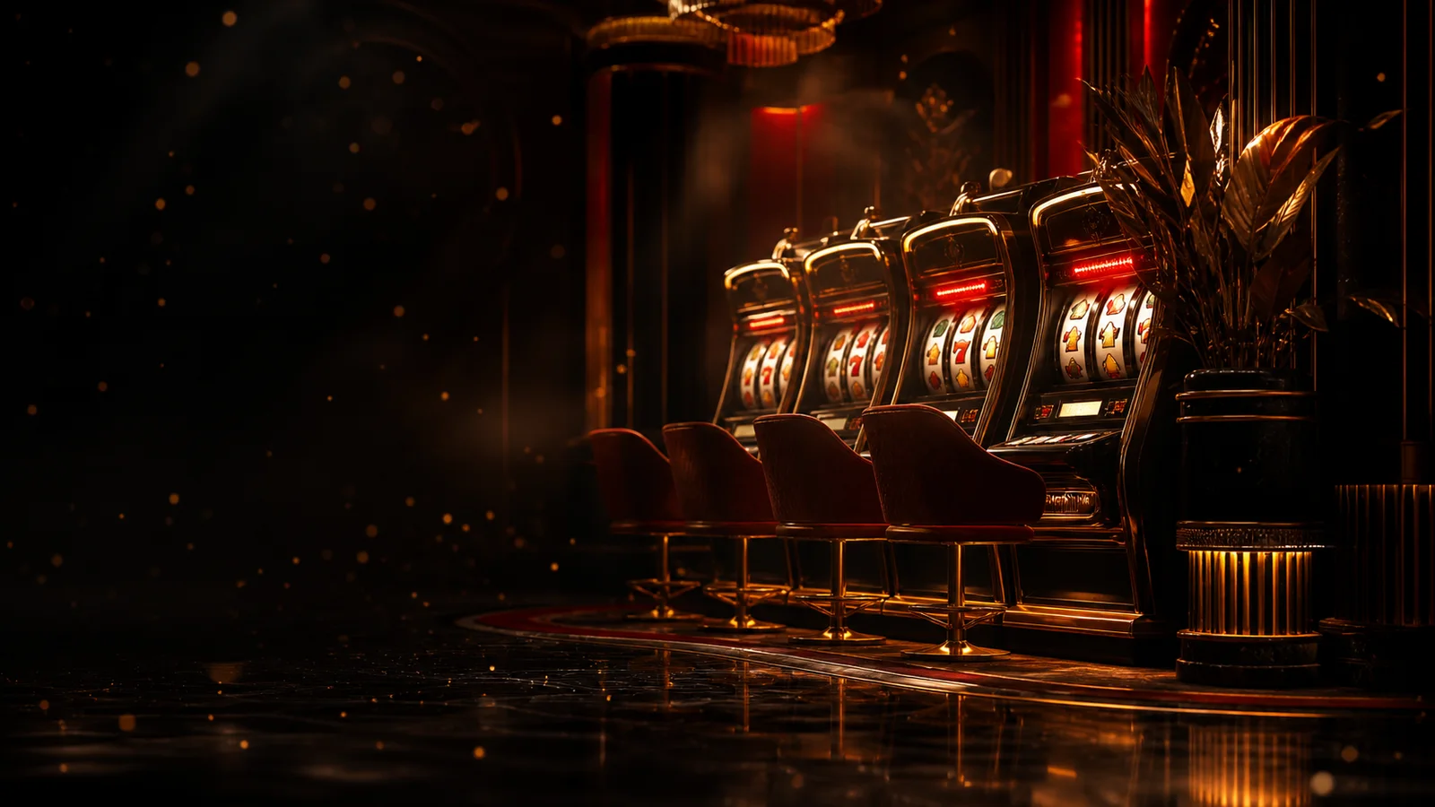 Turuncu ve altın ışıklarla aydınlatılmış premium slot salonu